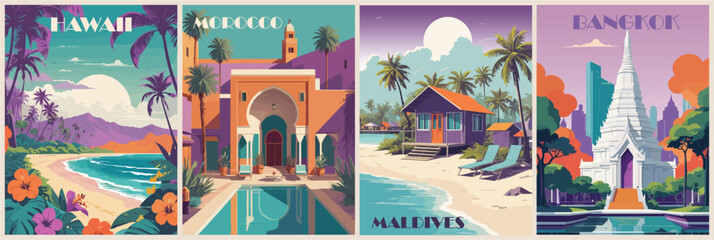 Fototapeta premium Set of travel destination posters in retro style. Hawaii, Morocco, Maldives, Bangkok colorful landscapes vactor art illustrations