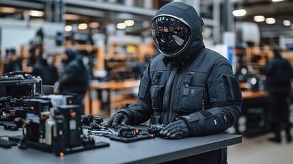 Obraz premium Person in futuristic suit works with tech