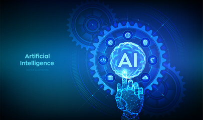 AI. Artificial Intelligence. Machine Learning Concept. Big data. Neural networks. Sphere grid wave. Wireframe hand touching digital interface with connected gears cogs and icons. Vector illustration.