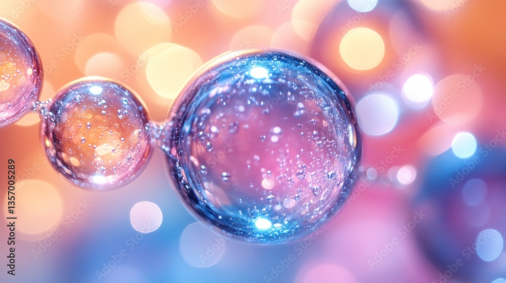 Poster interconnected translucent spheres filled with tiny bubbles, glowing with pastel hues against a boke