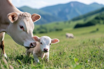 Obraz premium In a picturesque landscape, a mother cow peacefully shares a tender moment with her calf, beautifully depicting the essence of motherhood in nature's serene surroundings.