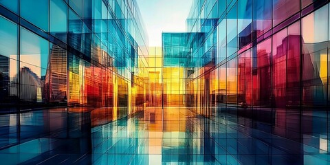 Multiple exposure of modern abstract glass architectural forms. Generative AI technology