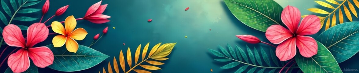 Vibrant seamless background with bright flowers and tropical leafs, abstract, decorative