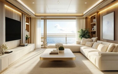 3D rendering of a modern living room interior with a sofa and TV mockup in white color, wooden wall panels, and a coffee table on a beige carpet floor near a window with a sea view. Minimalist home