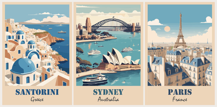 Set of travel destination posters in retro style. Sydney, Australia, Santorini, Greece, Paris, France landscapes vector art illustrations