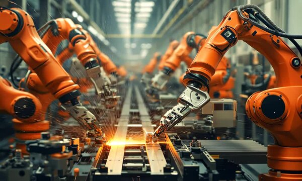 Industrial Robotics in a Modern Factory with Automated Assembly Line and Precision Machinery