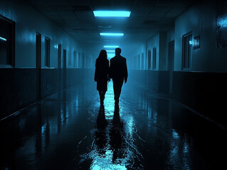 Silhouetted couple walking down a dark, moody corridor  