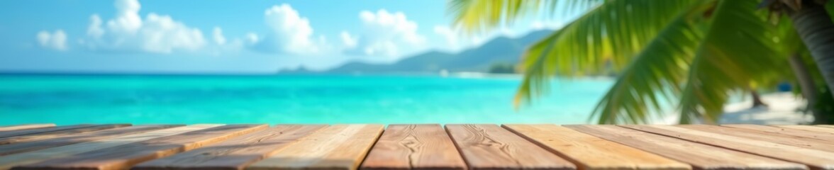 Wooden table with vibrant blue sea view, tropical vacation paradise, tropical, blue
