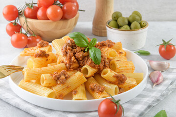 Italian rigatoni pasta with authentic Bolognese ragu sauce, styled simply on light gray background. Focus on texture, color, and classic presentation