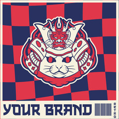 funny vector illustration of cat as a samurai , it can be use for shirt design or poster