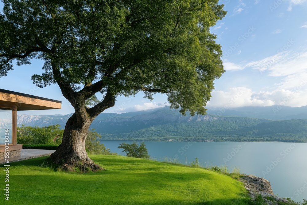 Poster a large tree is in front of a house with a view of a lake. the scene is peaceful and serene, with th
