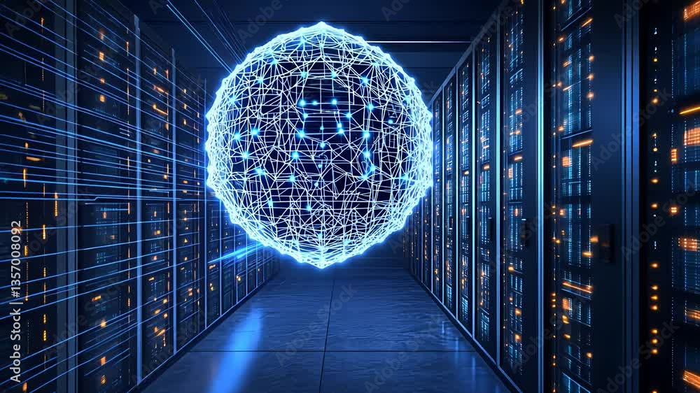 Poster glowing digital sphere floating in modern server room surrounded by network connections and high-tec