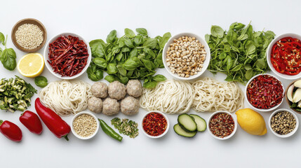 Fresh ingredients arranged beautifully, including noodles, meatballs, herbs, and spices, evoke sense of culinary creativity and flavor
