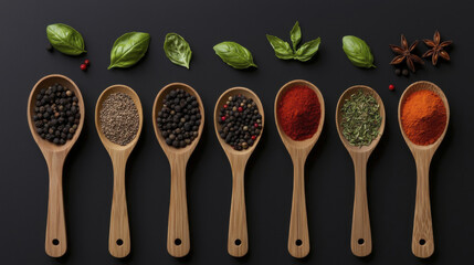 Spices and herbs arranged in wooden spoons on dark background create vibrant culinary display, evoking sense of flavor and aroma