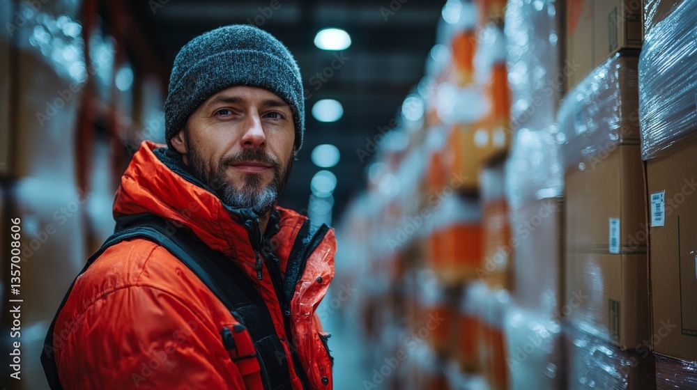 Aufkleber A warehouse worker stands confidently among stacked boxes in a busy logistics hub, preparing for sorting and organizing inventory in the early evening.
