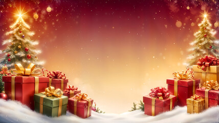 Christmas Tree and Presents on a Snowy Night Scene