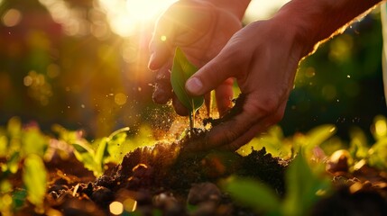 Fototapeta premium A close-up of hands planting a young seedling in soil, illuminated by sunlight, symbolizing growth and nurturing in nature.