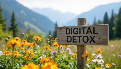 Peaceful Landscape with Digital Detox Sign Surrounded by Colorful Wildflowers in Mountain Setting