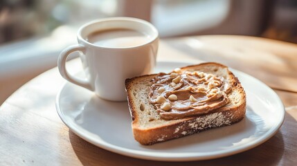 Slice of toast with nut spread and chopped nuts on a breakfast plate.