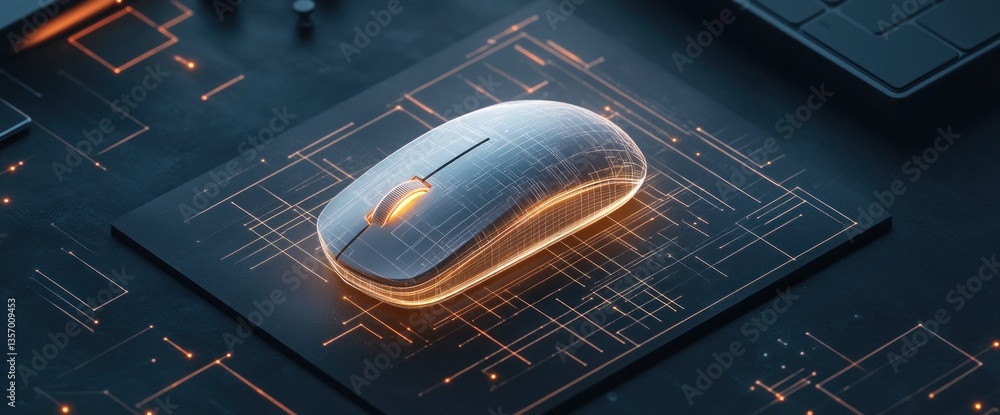 Poster illuminated computer mouse rests on a circuit board, showcasing digital connectivity