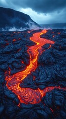 Fototapeta premium Molten lava flows through dark, solidified volcanic rock under a dramatic sky