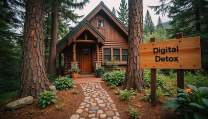 Serene Wooden Cabin Surrounded by Nature Signifying Digital Detox Retreat in Forest Environment