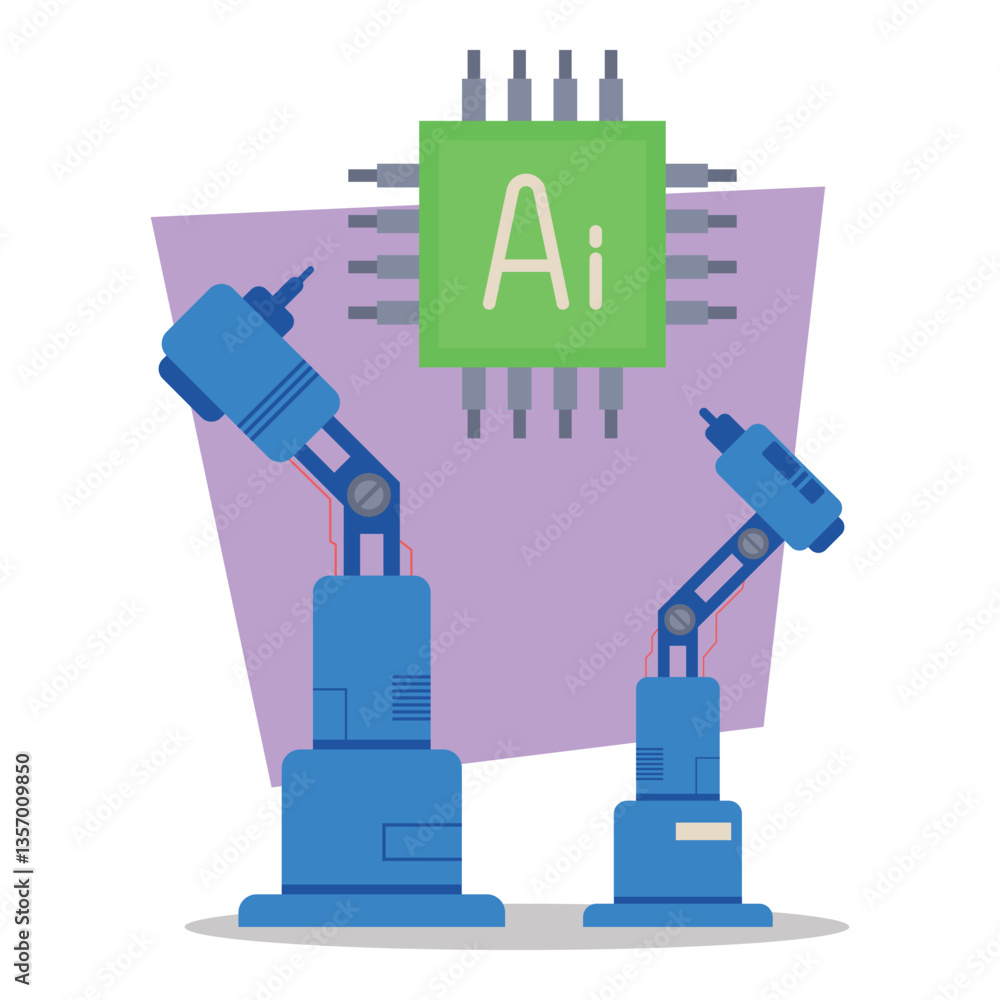 Poster two robotic arms standing next to microchip adorned with letters ai. integration of robotics and art