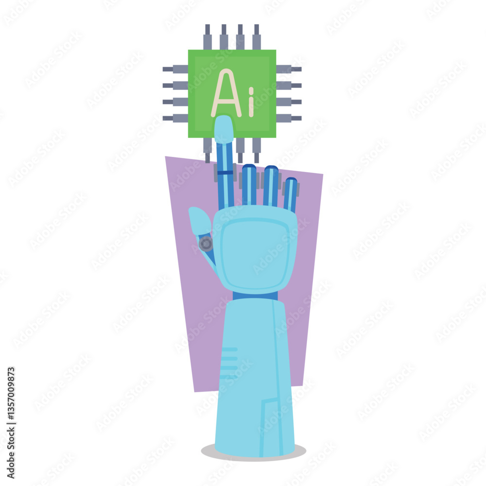 Poster robotic hand extending to touch ai chip in contemporary design. technologys advancement in artificia