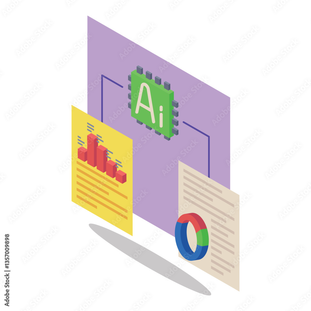 Poster digital representation of artificial intelligence components with data charts, text summaries, and c
