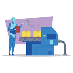 Humanoid robot standing beside conveyor belt, checking packages in modern warehouse setting. Robot holding clipboard, ensuring each box meeting quality standards