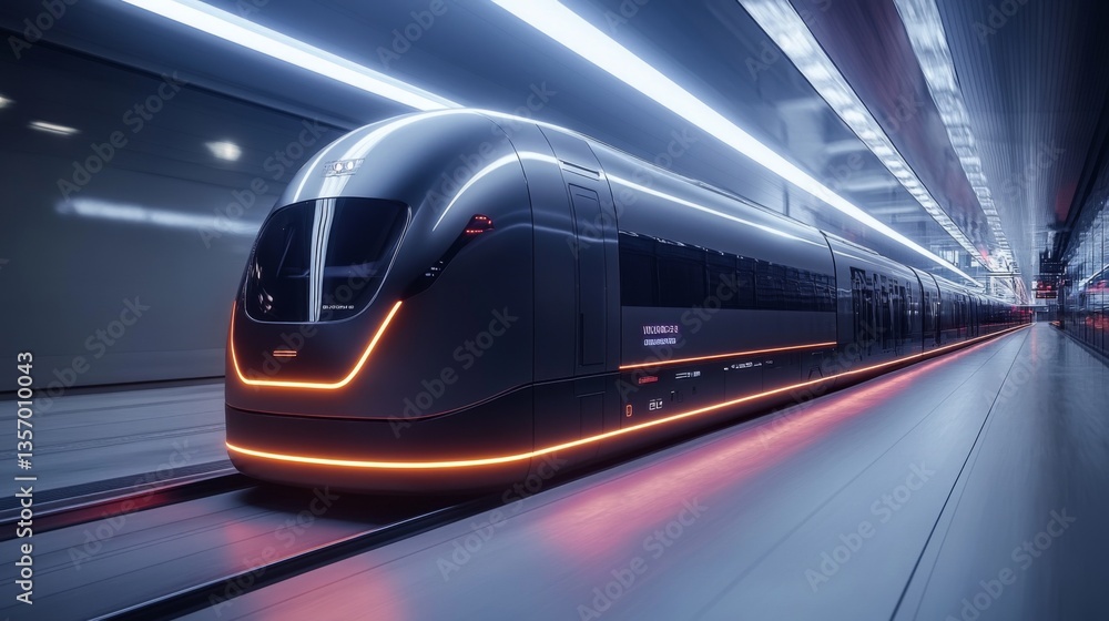 Poster a sleek modern train moves smoothly through a state of the art logistics facility during twilight. t