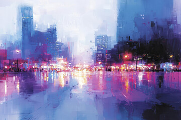 Fototapeta premium Urban nightscape with vibrant lights reflecting on wet streets, creating energized atmosphere
