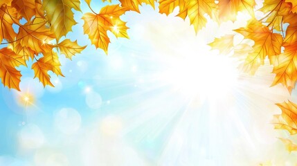Fototapeta premium Autumn leaves frame, bright sky background, sunny day, graphic design, for seasonal poster