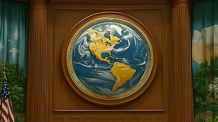 Ornate globe wall art in a wood-paneled room.