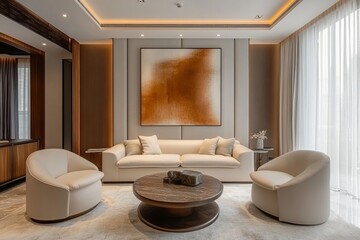 a modern and stylish living room showcasing elegant furniture arrangements, neutral tones and art pieces, create a sense of comfort and luxury
