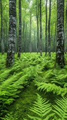 Lush green forest with ferns covering the forest floor