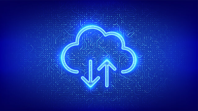 Cloud icon. Cloud computing service. Database storage, Data center. Transfer data. Secure Cloud Storage. Upload download app. Circuit board pattern. PCB printed circuit texture. Vector illustration.