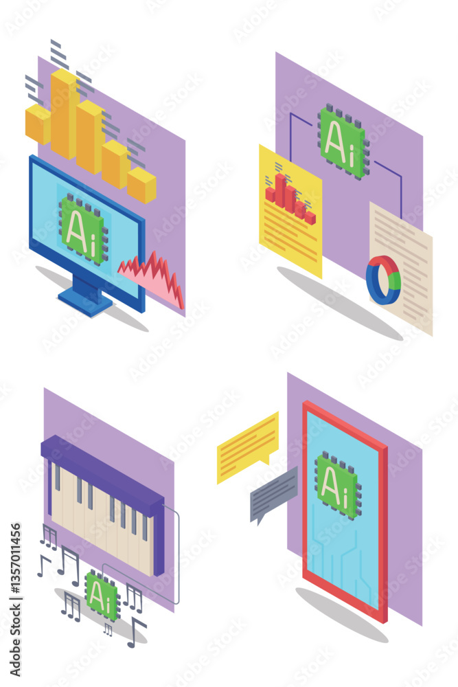 Poster four illustrations of various aspects of artificial intelligence, including data analysis, music cre