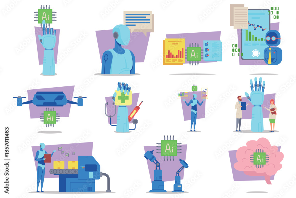 Poster collection of artificial intelligence through humanoid robots, drones, and data analysis in futurist