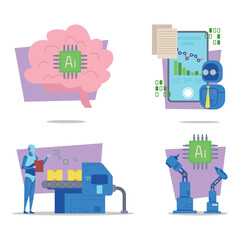 Collection of artificial intelligence in automation. Data analysis, robotic assistance, and industrial processes