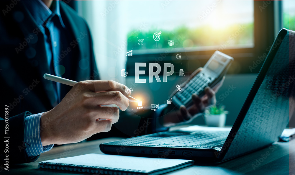 Poster business professional using erp system for financial management and business operations, with digita