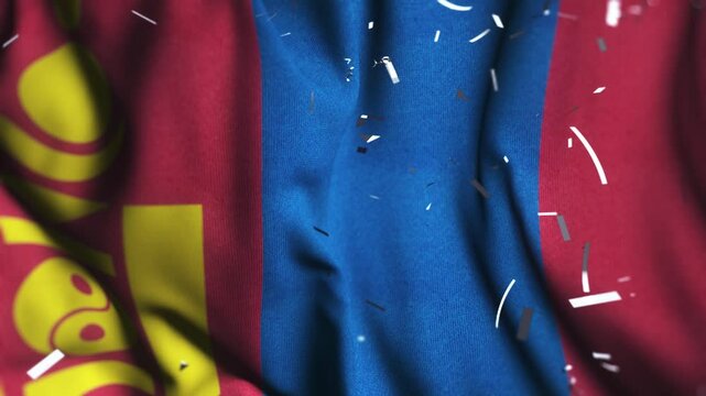 Mongolia flag waving with confetti | Mongolian National Day celebration | Patriotic background
