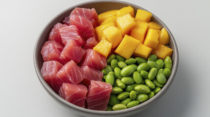 Fresh tuna, mango, and edamame create vibrant and healthy bowl of ingredients, perfect for nutritious meal