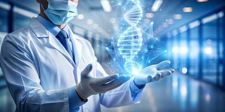 A doctor's hand presenting a holographic DNA structure. The DNA structure is a detailed depiction of the helix structure futuristic, luminescent blue glow - Powered by Adobe