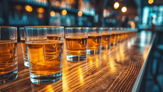 Row of whiskey glasses on wooden bar in moody pub setting National Hangover Day