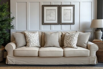 an inviting sofa with pillows and art in a cozy living room setting. A well-lit space with comfortable furniture and home decor details