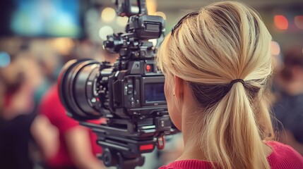 Woman filming a crowd with a professional camera.