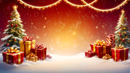 Christmas Tree and Presents on a Snowy Night Scene