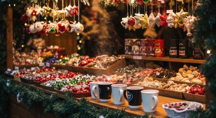 Fototapeta premium Festive christmas market stall with ornaments and mulled wine in cozy winter setting