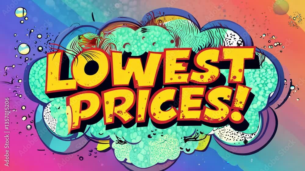 Poster a cartoon of a cloud with the words lowest prices written on it. the word prices is in red